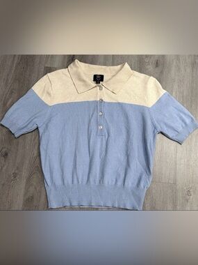 12th Heart Colorblock Knit Polo Sweater - Blue & Cream - Size Small